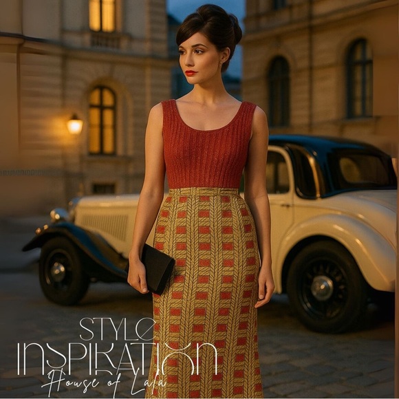 Vintage Gold Red Orange Hostess Maxi Party Dress. Union Label. - Picture 3 of 16